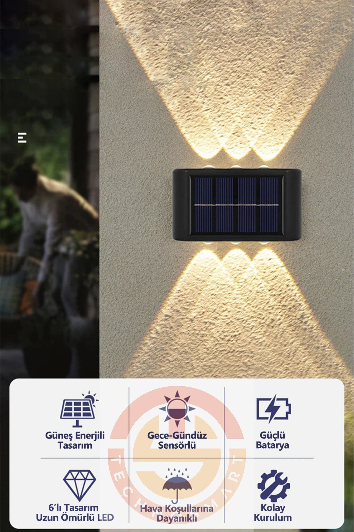 Modern 6ledli Solar Duvar Lamba Dekorasyon Aydınlatma Aplik Güneş Enerji Gün Işığı 2 Li Set - Görsel 2