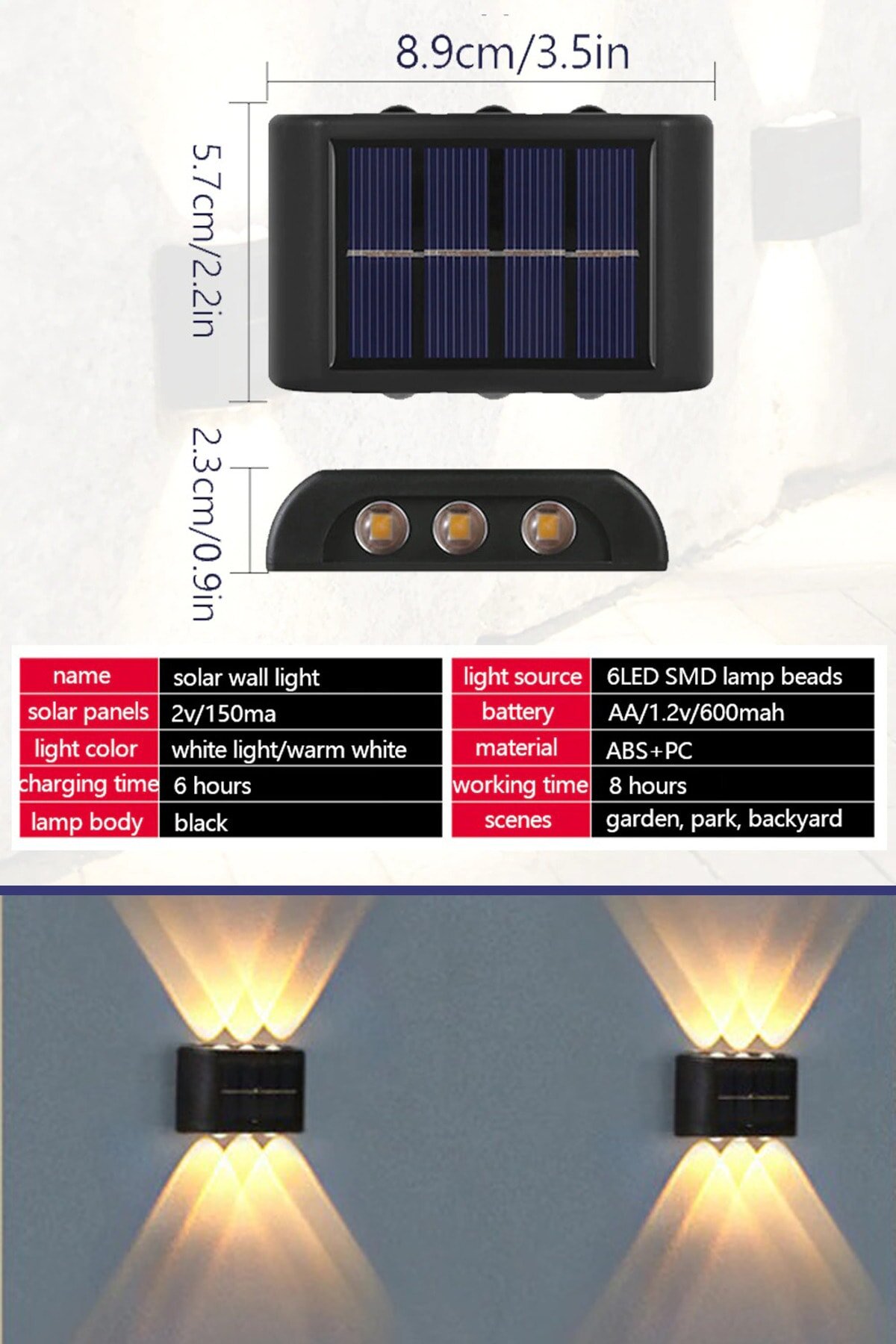 Modern 6ledli Solar Duvar Lamba Dekorasyon Aydınlatma Aplik Güneş Enerji Gün Işığı 2 Li Set - Görsel 4